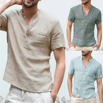 Cotton Linen Shirt Men Henley Neck Pocket Casual Beach Short Sleeve Solid Color Male Tops T-shirts Vintage Streetwear