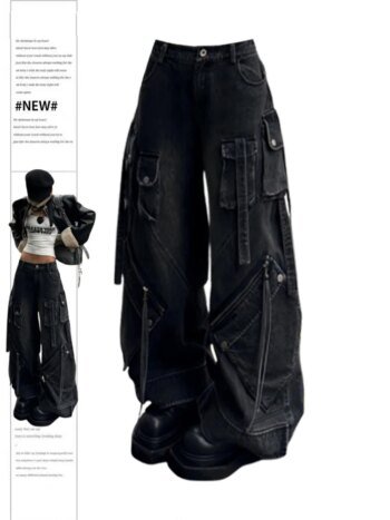 Women's Black Gothic Baggy Cargo Jeans