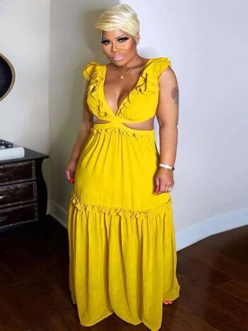 Women Sexy Backless Yellow Maxi Dress