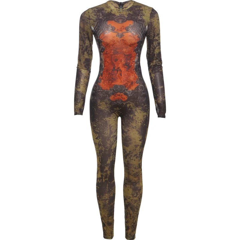 Weird Puss Sexy Fitness Jumpsuit Women Tie-Dye Print o-Neck