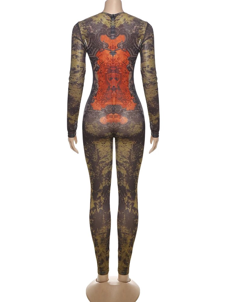 Weird Puss Sexy Fitness Jumpsuit Women Tie-Dye Print o-Neck