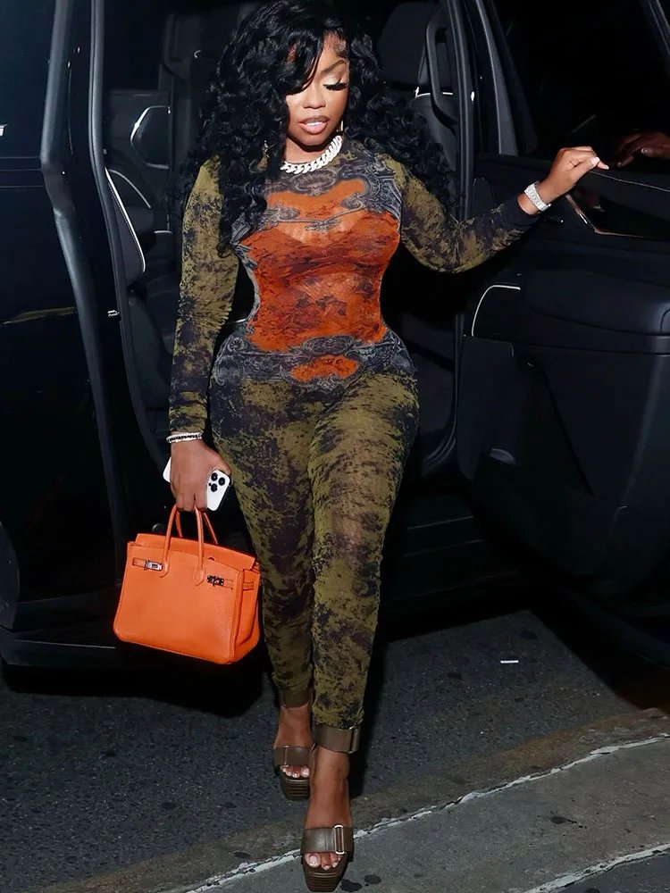 Weird Puss Sexy Fitness Jumpsuit Women Tie-Dye Print o-Neck