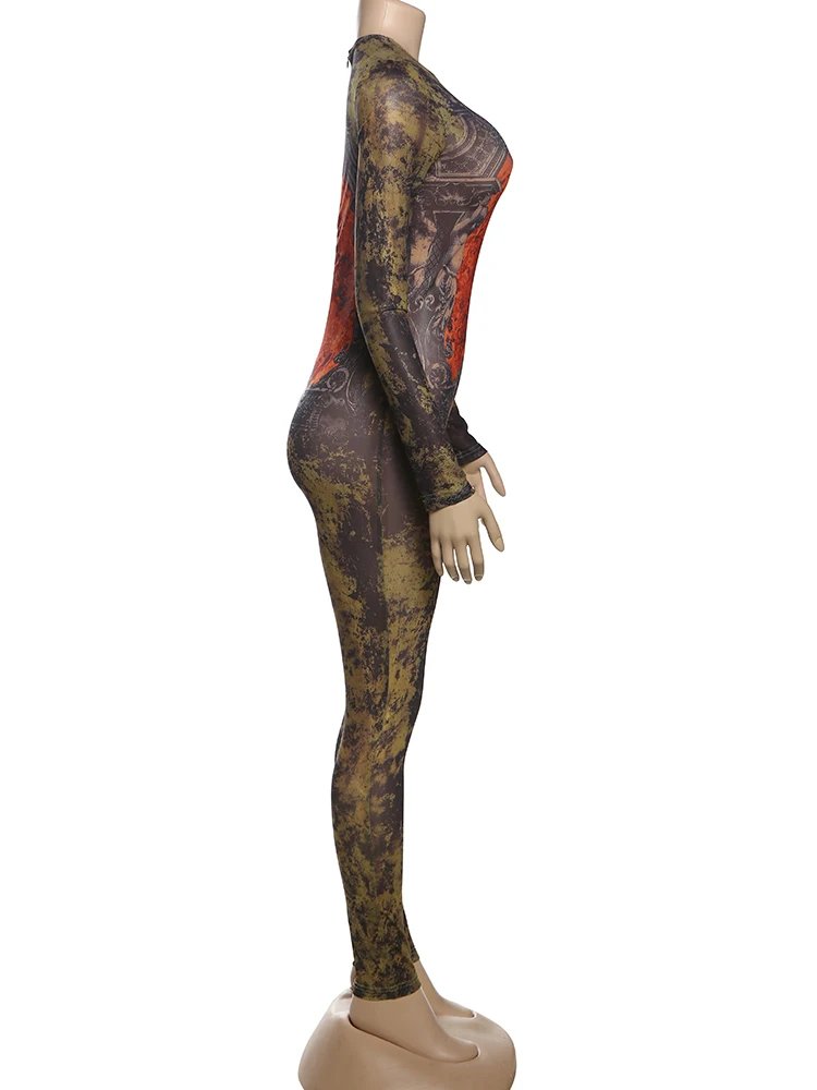 Weird Puss Sexy Fitness Jumpsuit Women Tie-Dye Print o-Neck