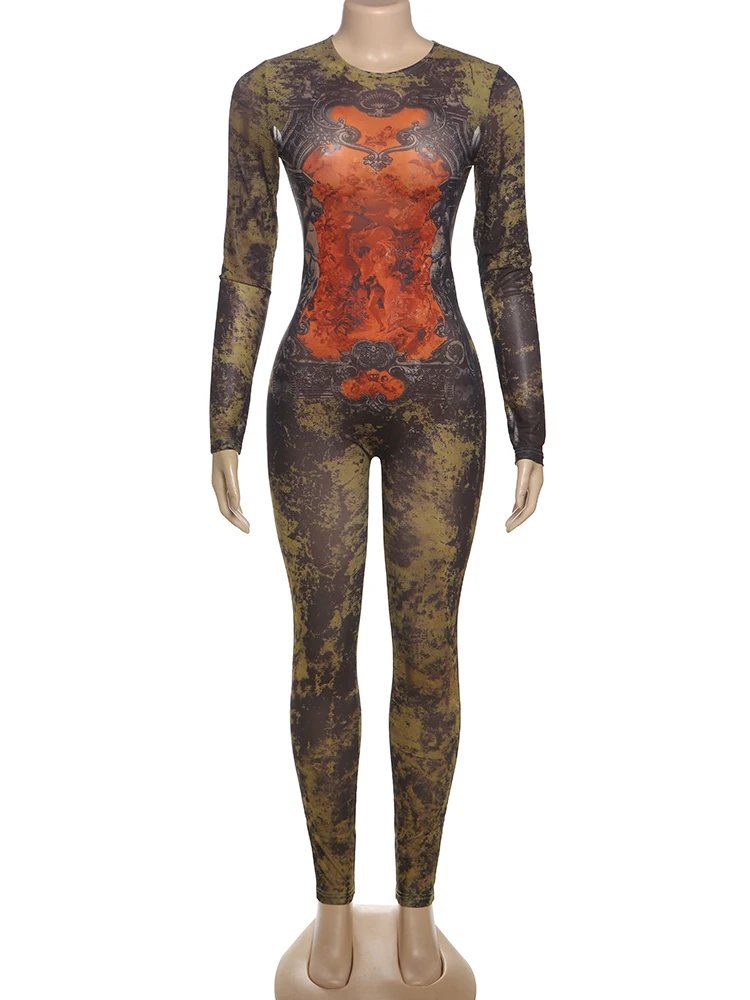 Weird Puss Sexy Fitness Jumpsuit Women Tie-Dye Print o-Neck