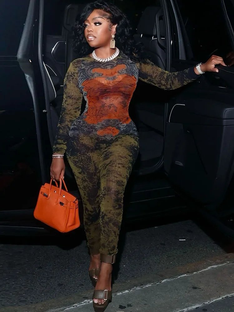 Weird Puss Sexy Fitness Jumpsuit Women Tie-Dye Print o-Neck