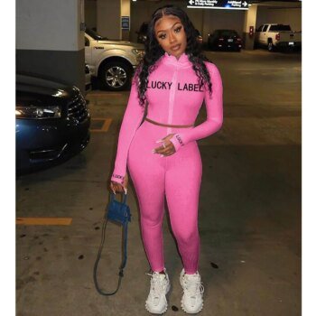 Women's High-Necked Embroidered Lettered Zipper Sport Suit 2-Piece