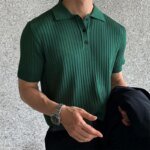 Men's Knit Lapel Striped Polo Shirt